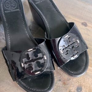 Tory Burch black patent wedges
